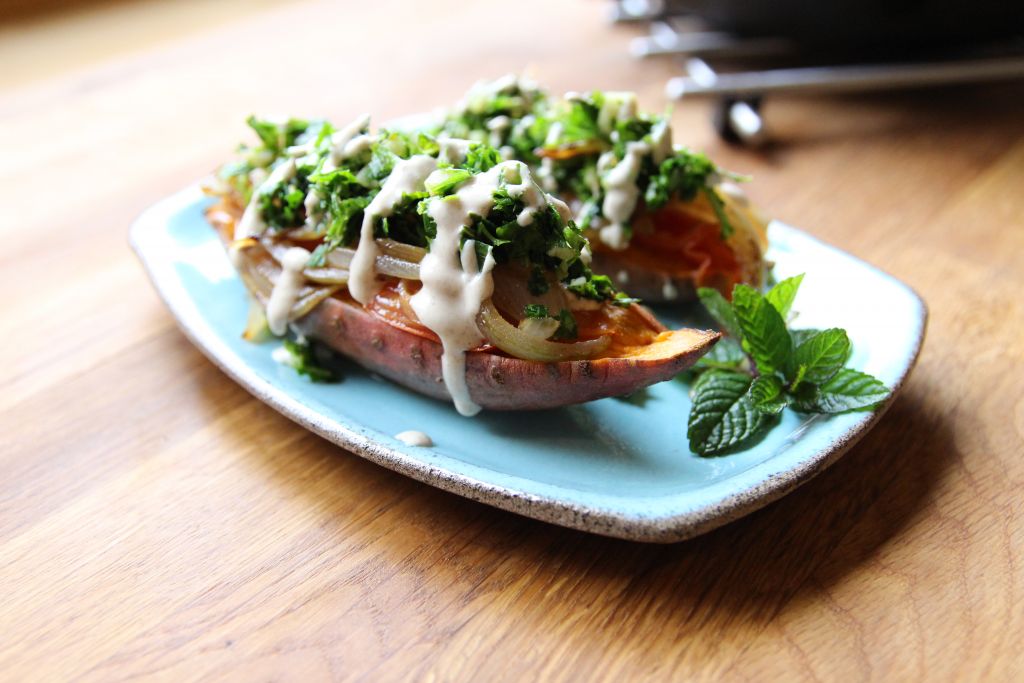 Sweet Potato Boats With Caramelized Onions - Let's Brighten Up