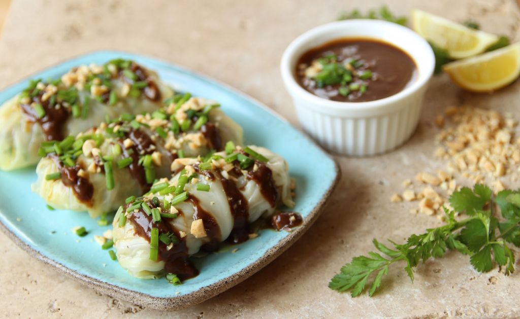 Vegan Cabbage Rolls With Tamarind And Peanut Butter Sauce - Let's Brighten Up